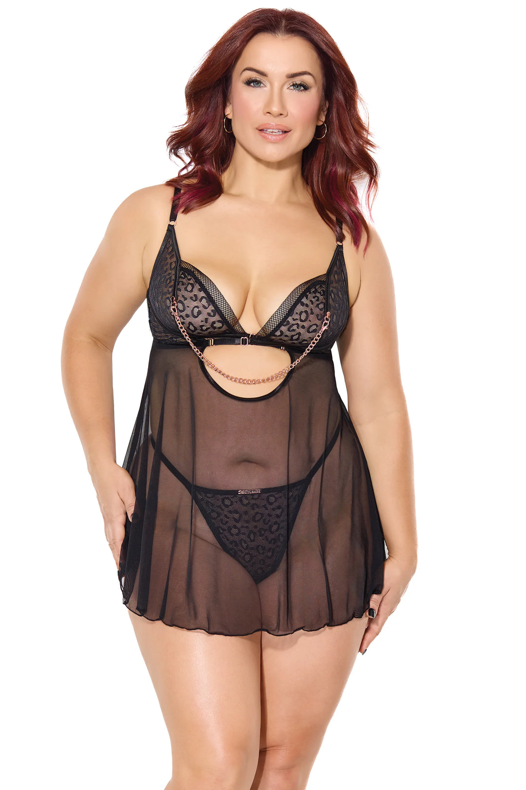 Feline Fatale Babydoll & G-String Set featuring stretch mesh leopard print and removable chain for versatile styling.