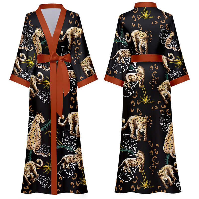 Jungle Animals Kimono Robe featuring hand-painted jungle animal prints on ultra-soft fabric.