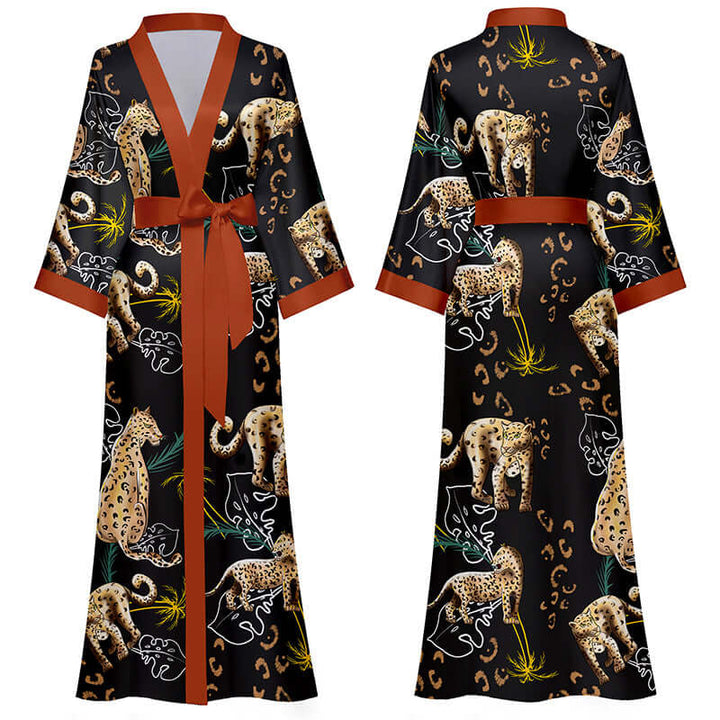 Jungle Animals Kimono Robe featuring hand-painted jungle animal prints on ultra-soft fabric.