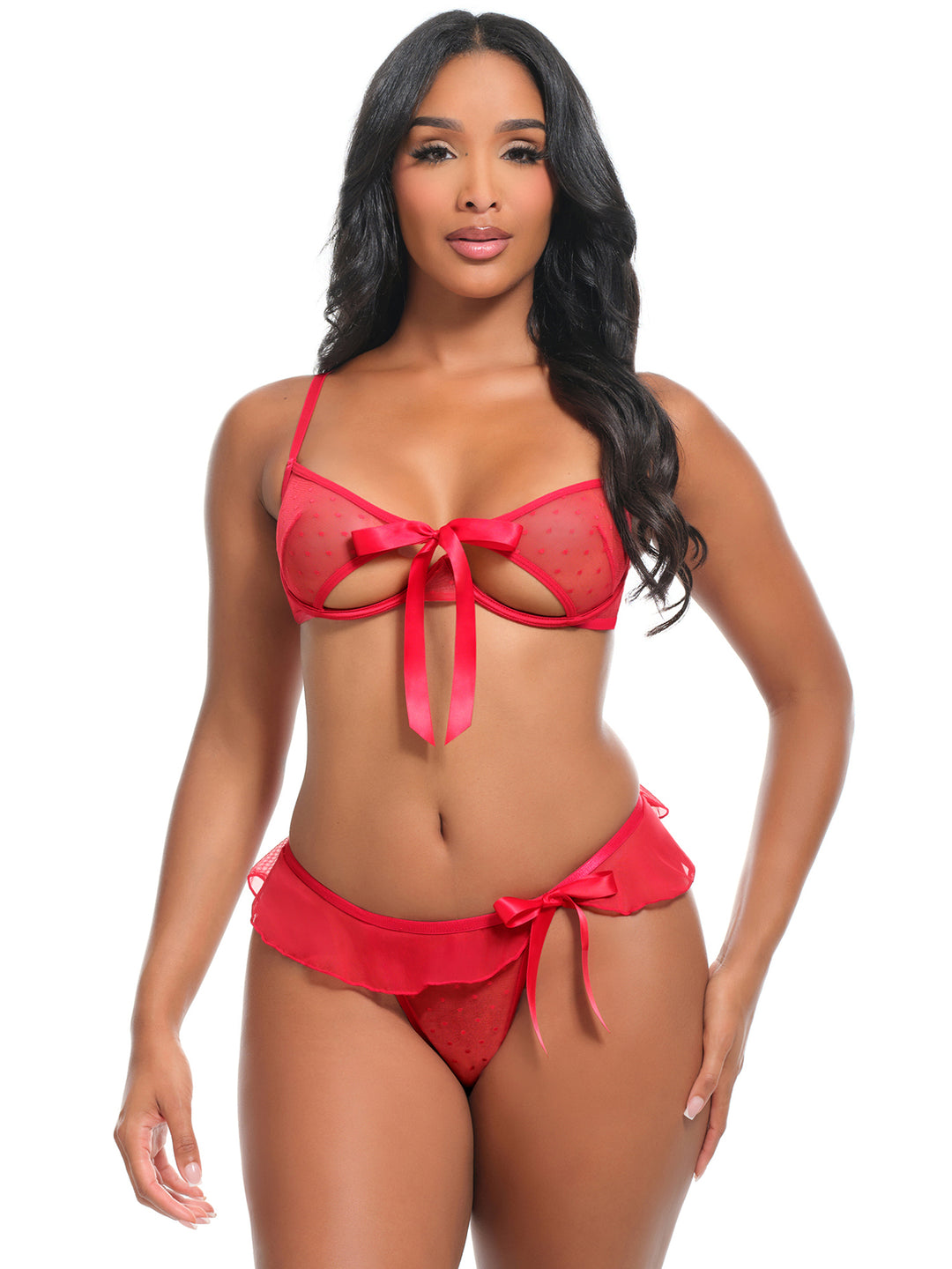 Oh La La Cheri Aubrielle Bow Sheer Bra Set featuring delicate red flocked diamond mesh, unlined underwire bra, and matching thong.