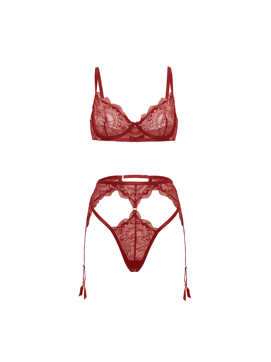 Arielle bra and panty set in red lace with garter straps, featuring unlined cups and peekaboo design for seductive elegance.