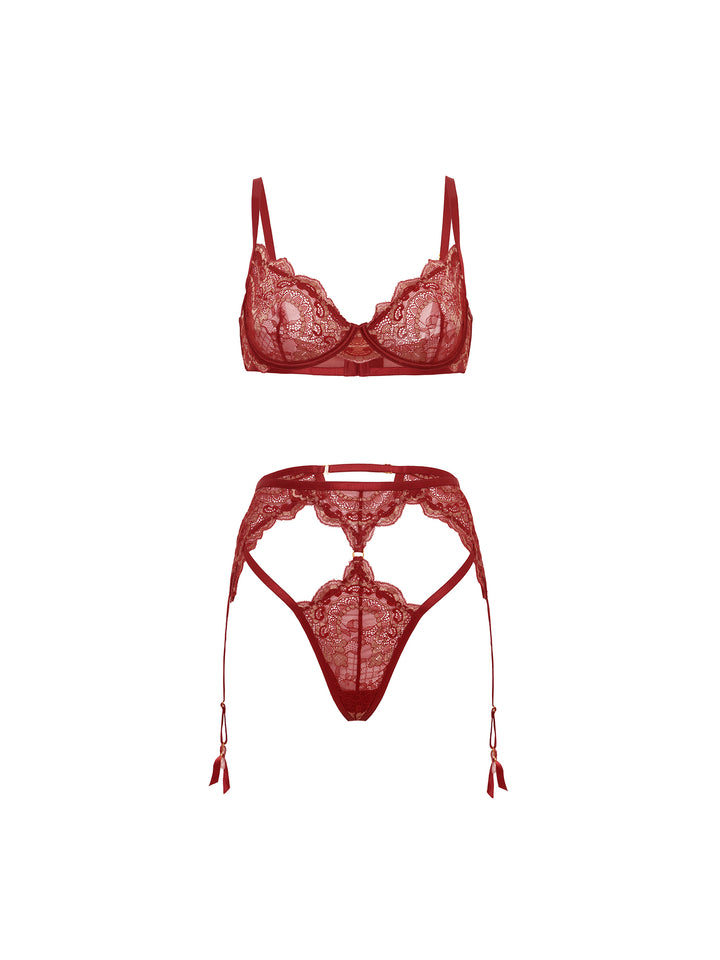 Arielle bra and panty set in red lace with garter straps, featuring unlined cups and peekaboo design for seductive elegance.