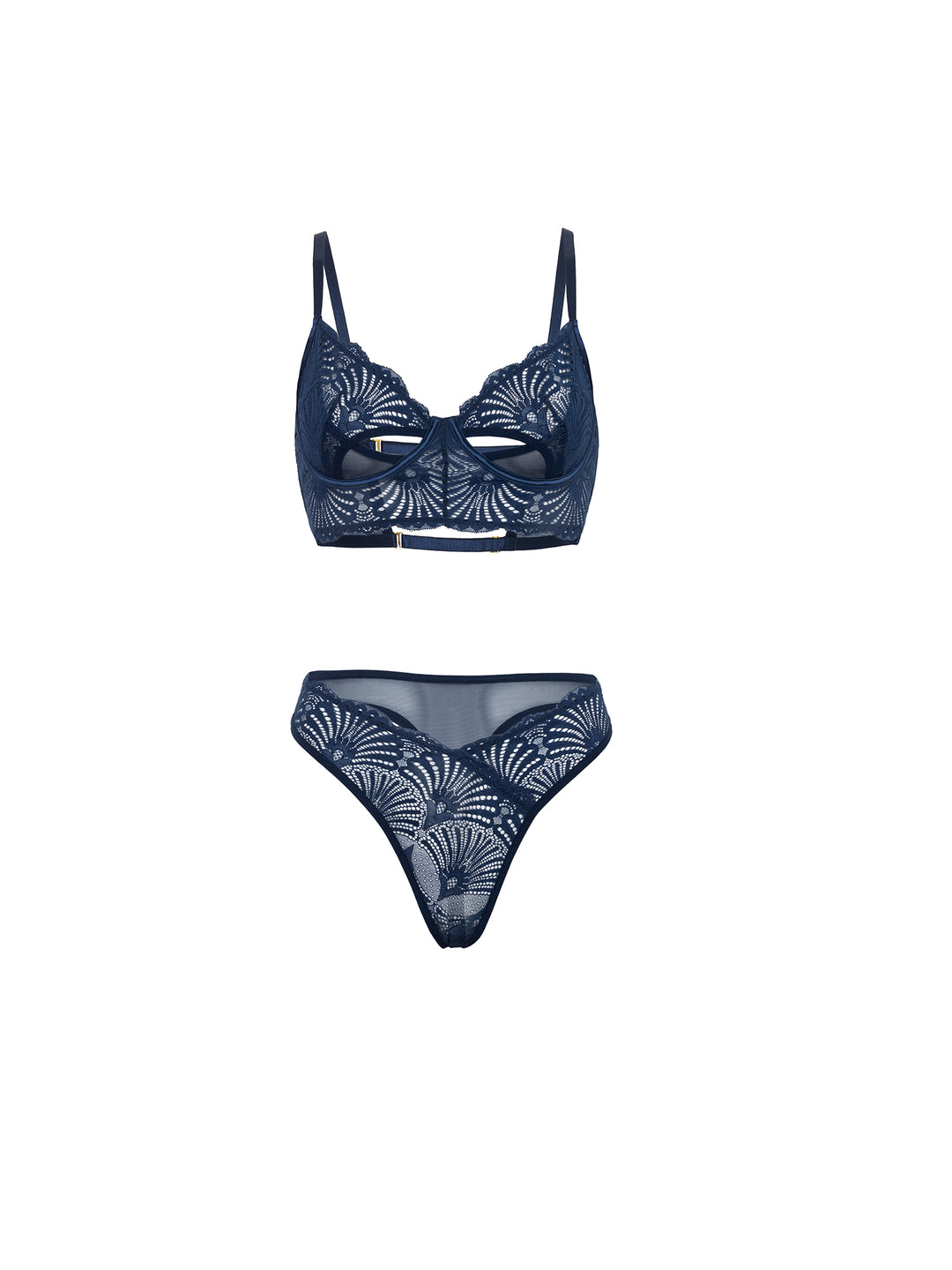 Roxie Sheer Lace Bra Set in navy featuring unlined cups and lace cutouts, ideal for bold seduction and elegance.