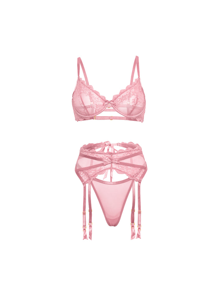 Eliana Lace 3pc Bra Set by Oh La La Cheri featuring sheer lace bra, strappy garter belt, and G-string in soft pink.