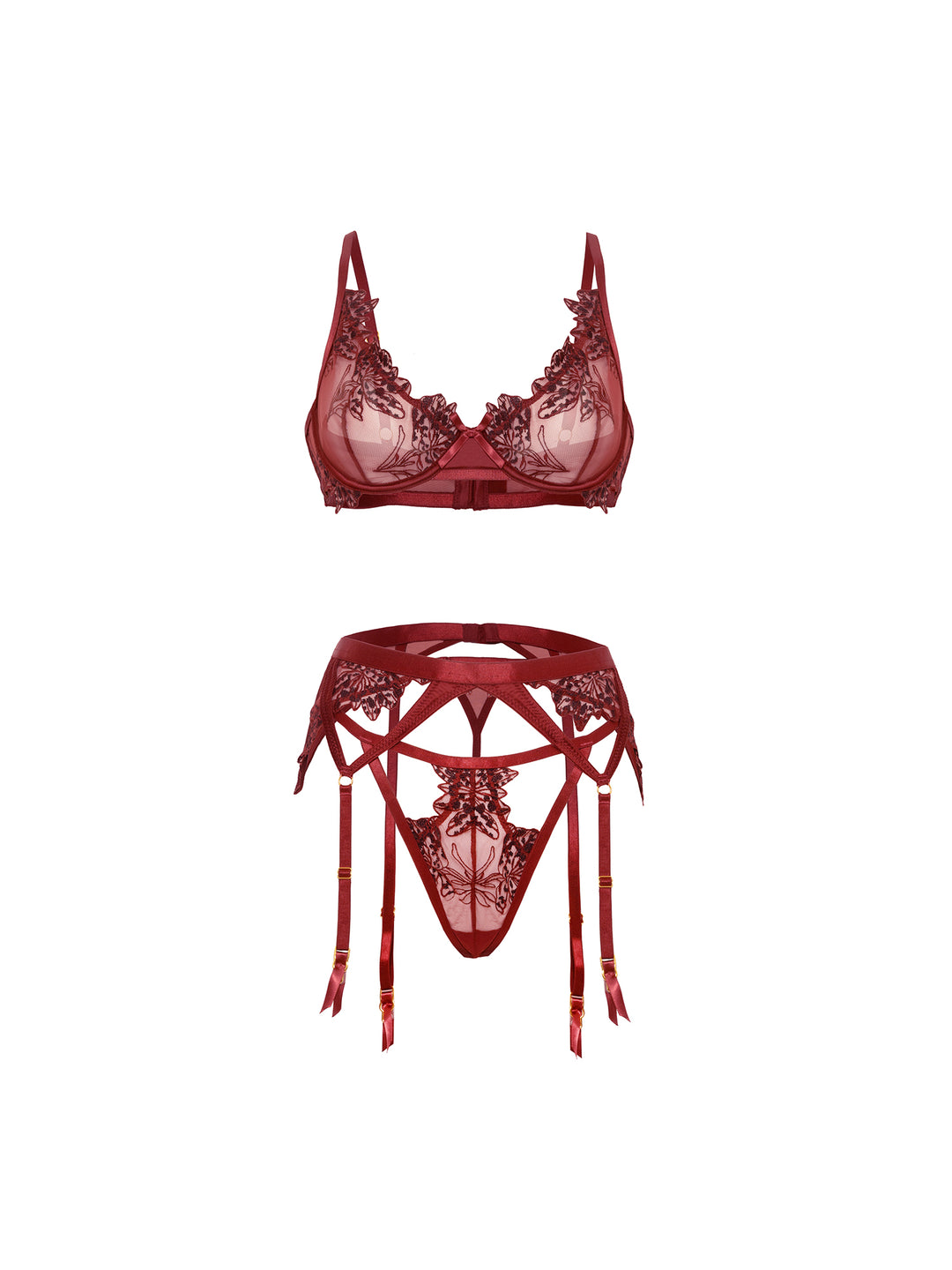 Nina embroidered three-piece bra set in red, featuring unlined underwire cups and matching thong with satin bow accent.