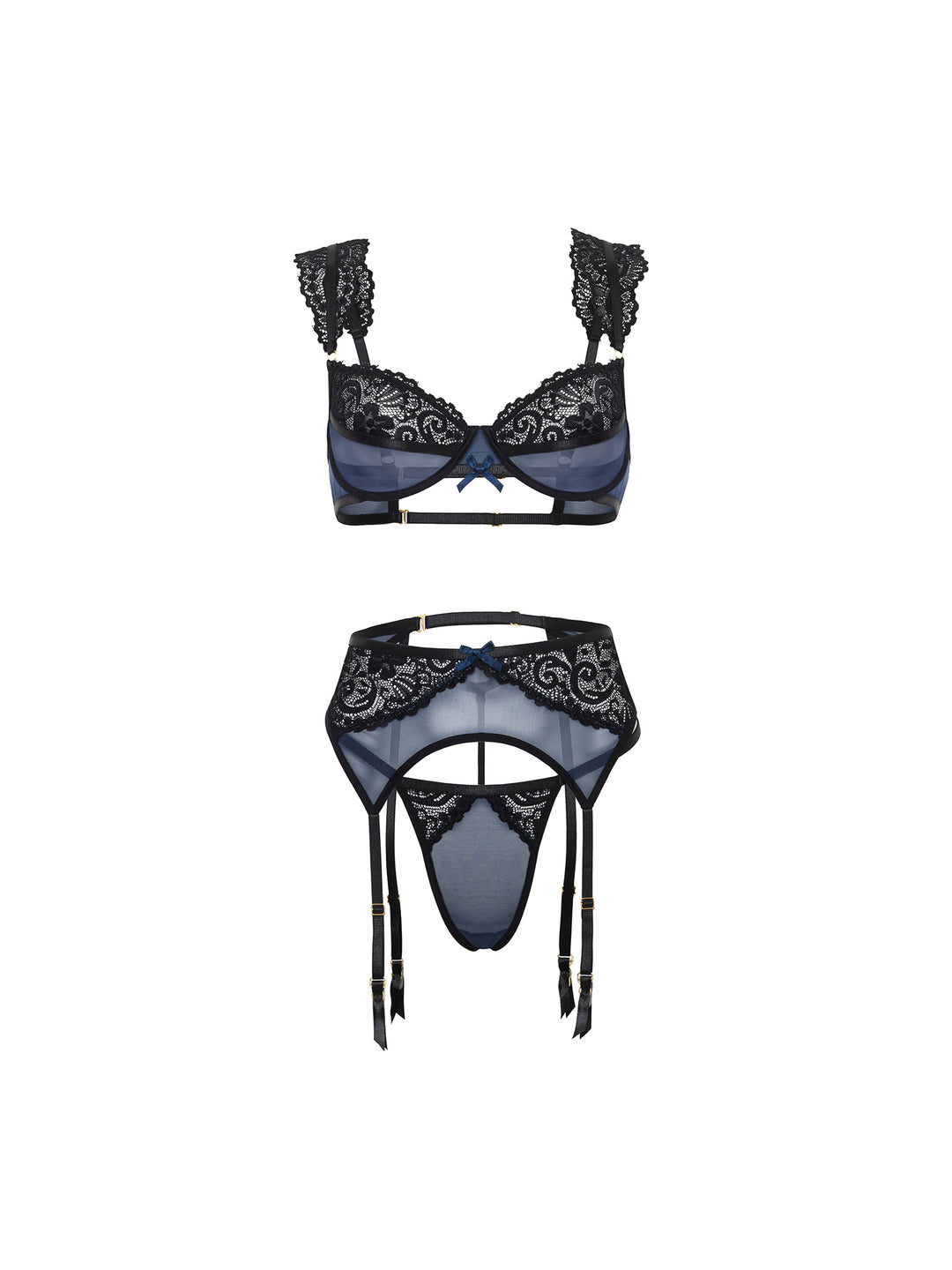 Amanda Lace 3pc Bra Set featuring sheer mesh, lace details, and a seductive garter belt for elegant curves.