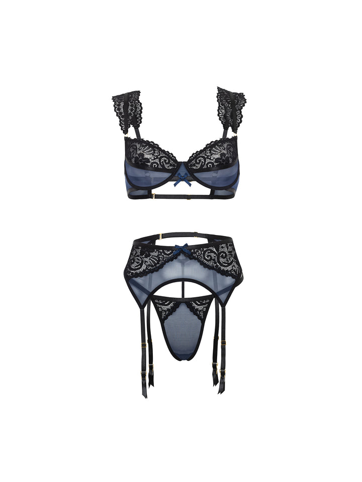 Amanda Lace 3pc Bra Set featuring sheer mesh, lace details, and a seductive garter belt for elegant curves.