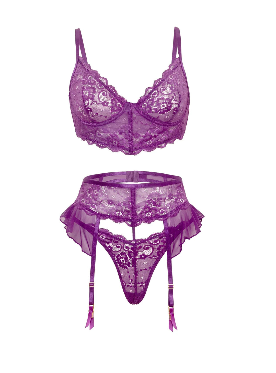 Harmony Lace 3-Piece Bra Set in purple featuring a lace bra, garter belt, and matching G-string panty for a sexy look.