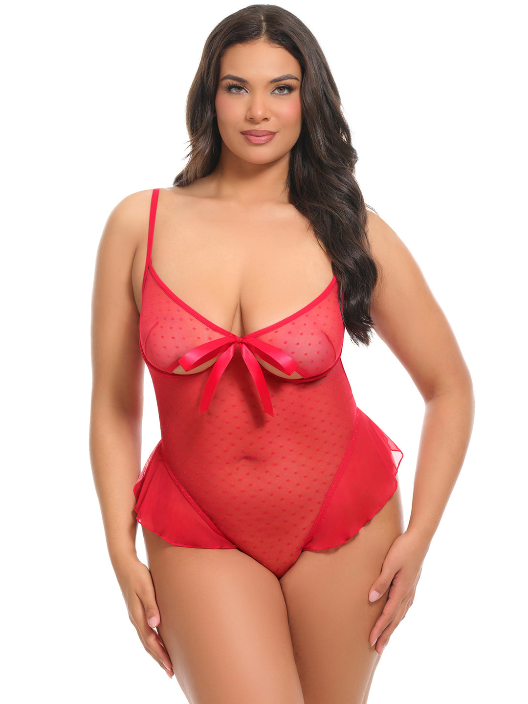 Plus size model showcasing the Aubrielle Bow Sheer Teddy in red with ruffled details and open cups, designed for a flirty and sensual look.