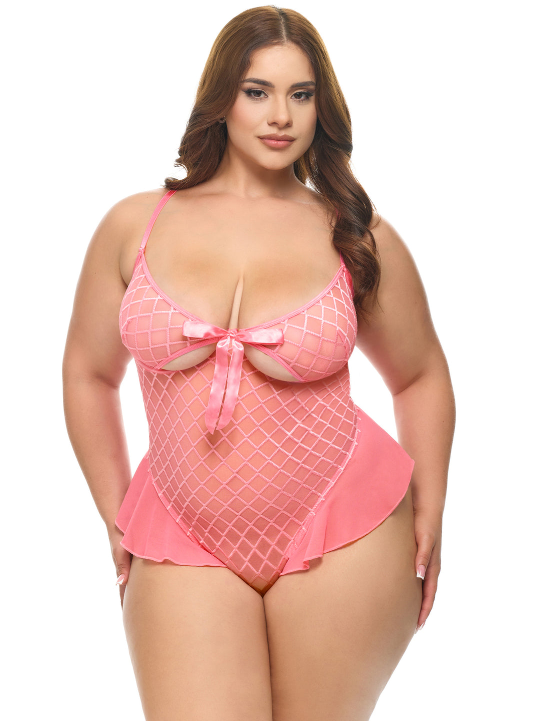 Plus Size Aubrielle Bow Sheer Teddy featuring delicate flocked diamond mesh and playful satin bow, designed for a flirty look.