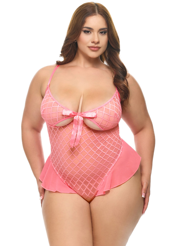 Plus Size Aubrielle Bow Sheer Teddy featuring delicate flocked diamond mesh and playful satin bow, designed for a flirty look.