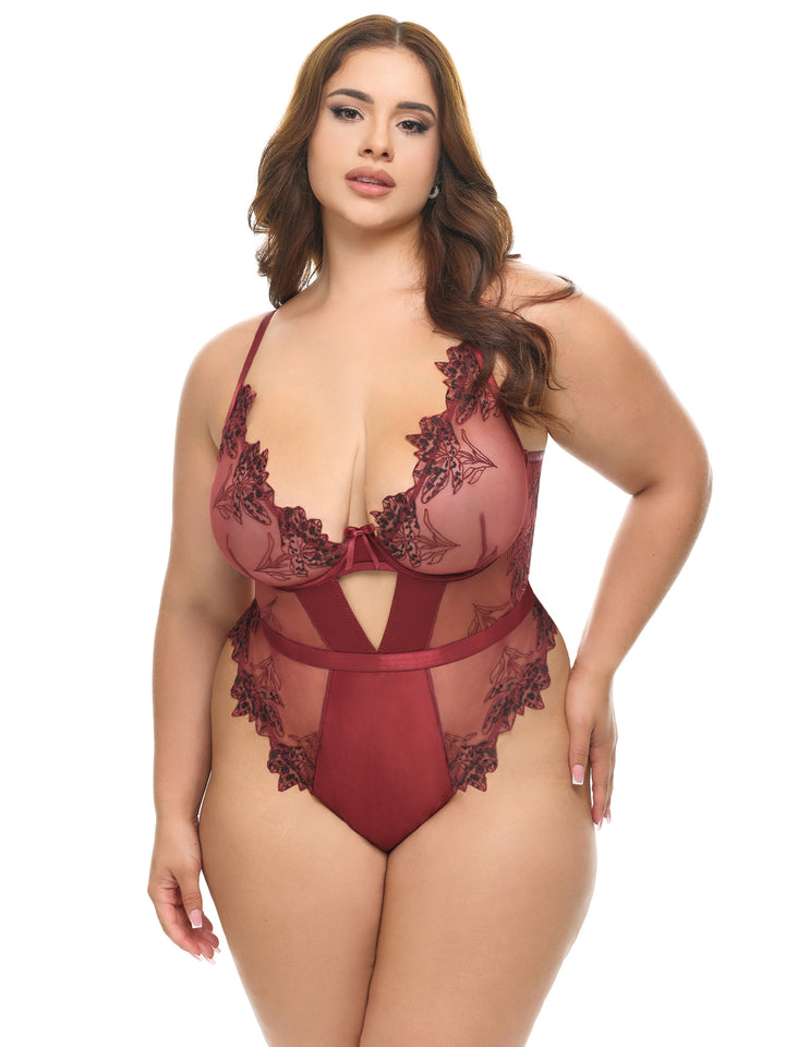 Nina Embroidered Teddy in burgundy featuring embroidered details and keyhole cutout for elegance and allure.