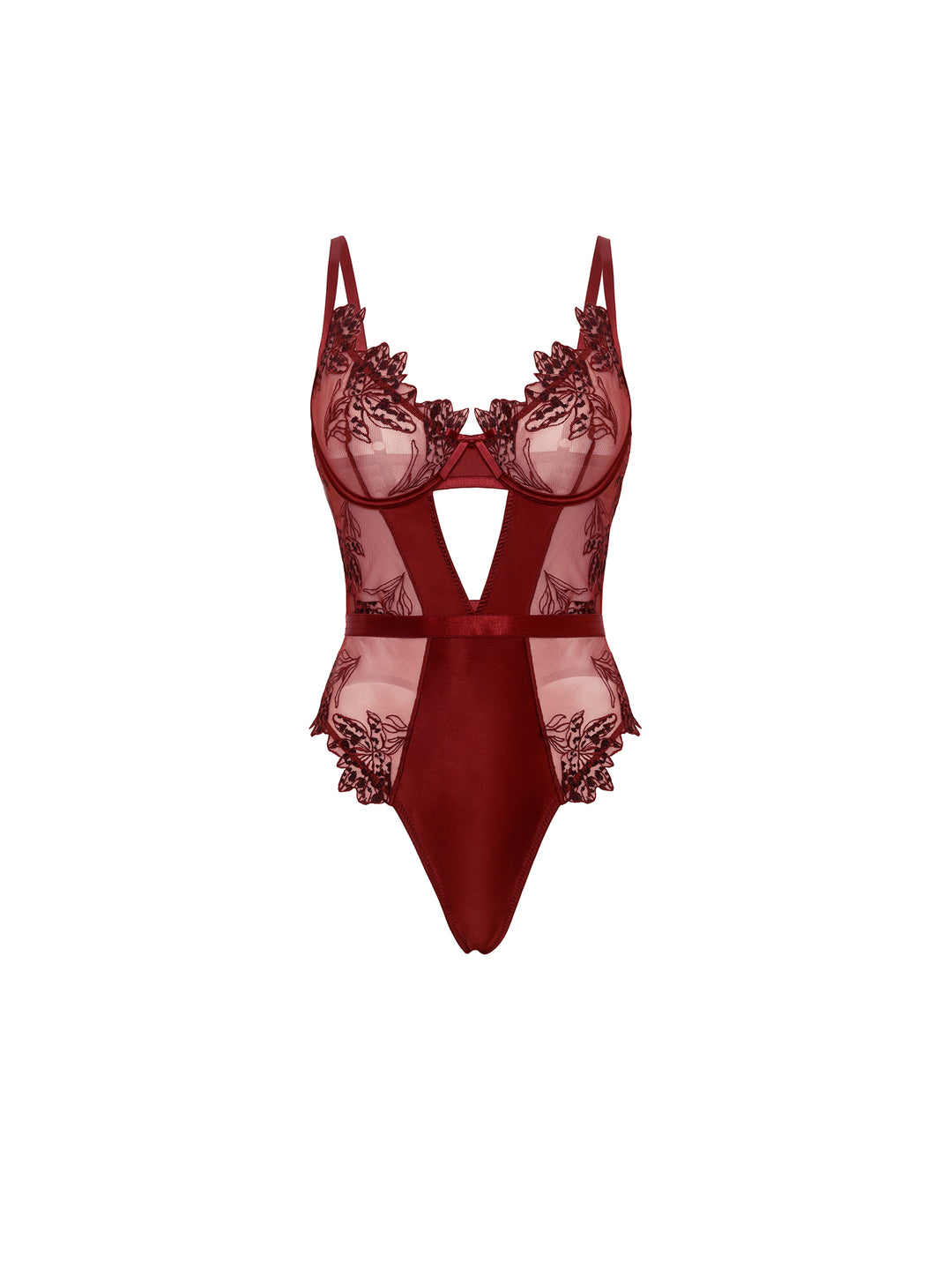 Nina Embroidered Teddy in deep red, featuring embroidered lace, unlined cups, and keyhole detail for a seductive look.