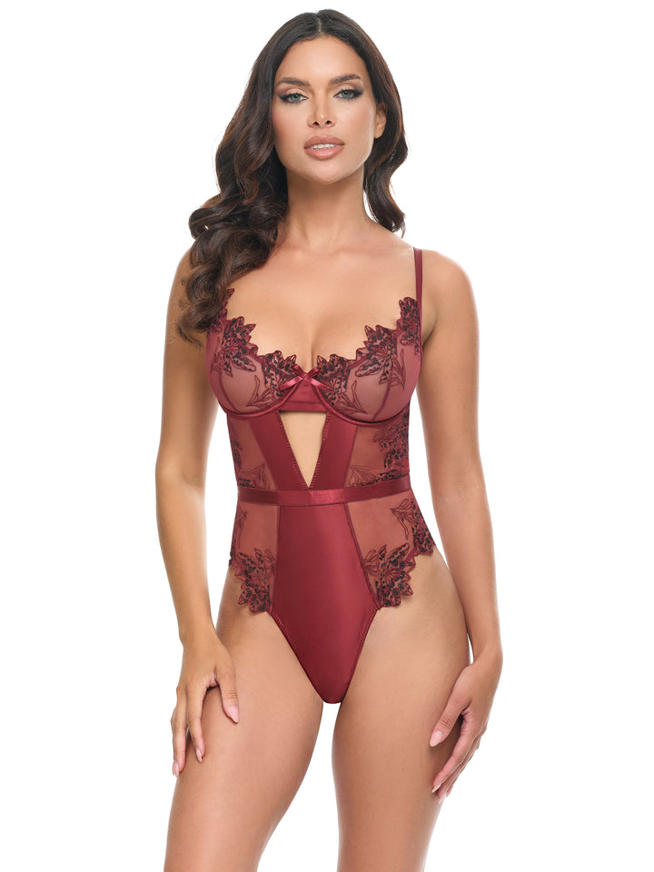 Seductive Nina Embroidered Teddy featuring underwire cups and front keyhole detail in rich burgundy.