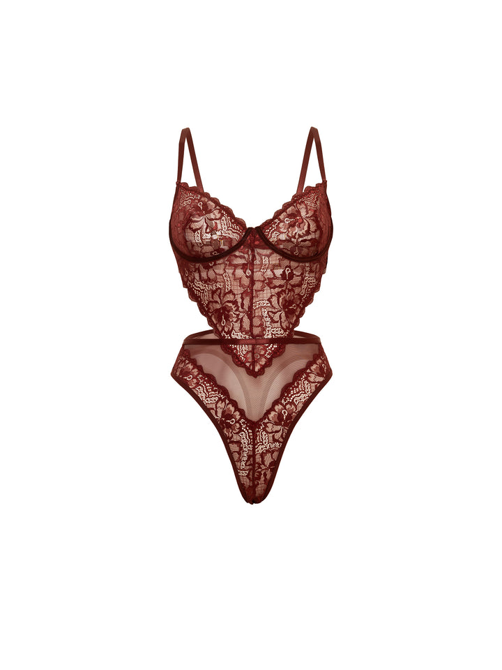 Quinn Lace and Mesh Teddy in rich burgundy, featuring lace detailing, adjustable straps, and daring open back design.