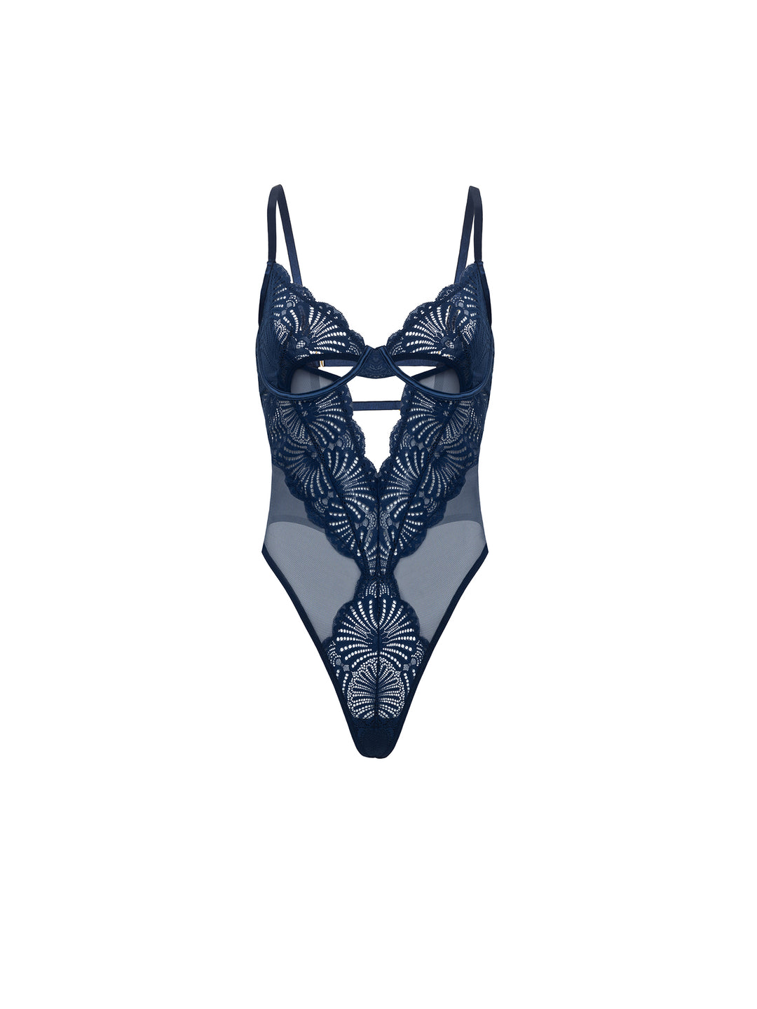 Roxie Sheer Lace Teddy in navy with unlined cups and lace cutouts for a seductive look.