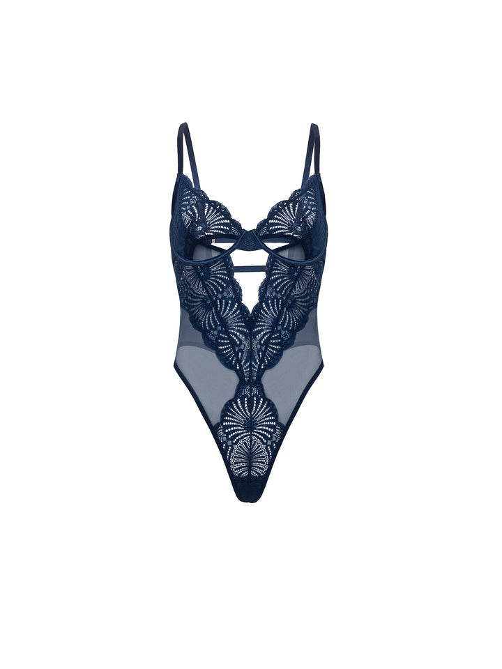 Roxie Sheer Lace Teddy in navy with unlined cups and lace cutouts for a seductive look.