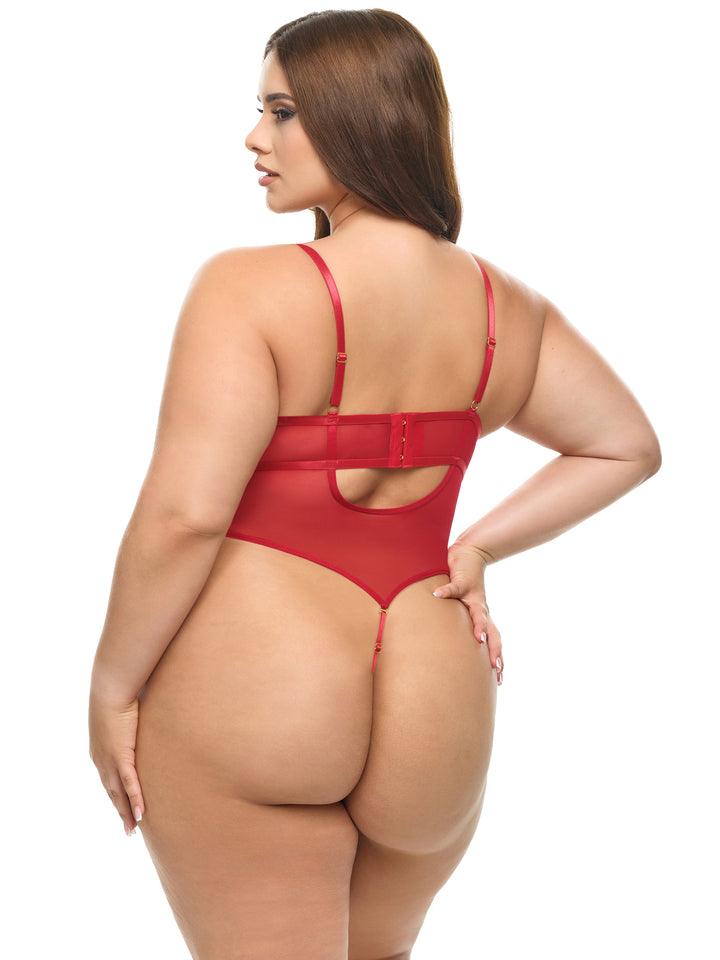 Back view of a model wearing the Mariah Sheer Embroidered Teddy in red hot lingerie, showcasing its alluring design.