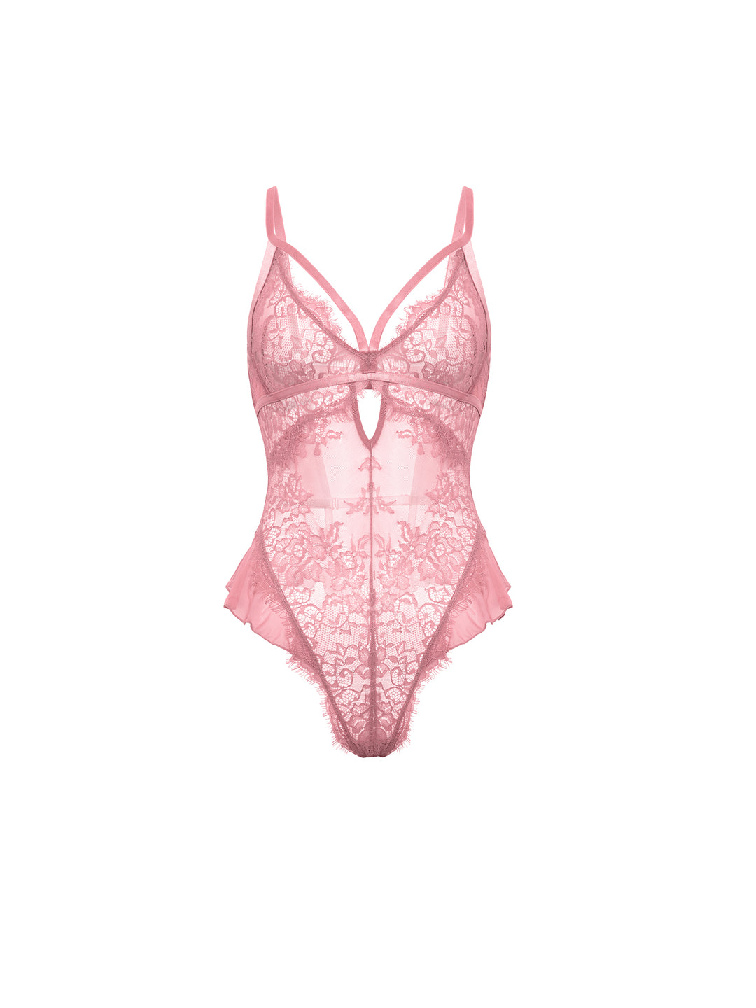 Flora Sheer Lace Teddy by Oh La La Cheri in soft pink, featuring lace and mesh with ruffles and a unique back design.