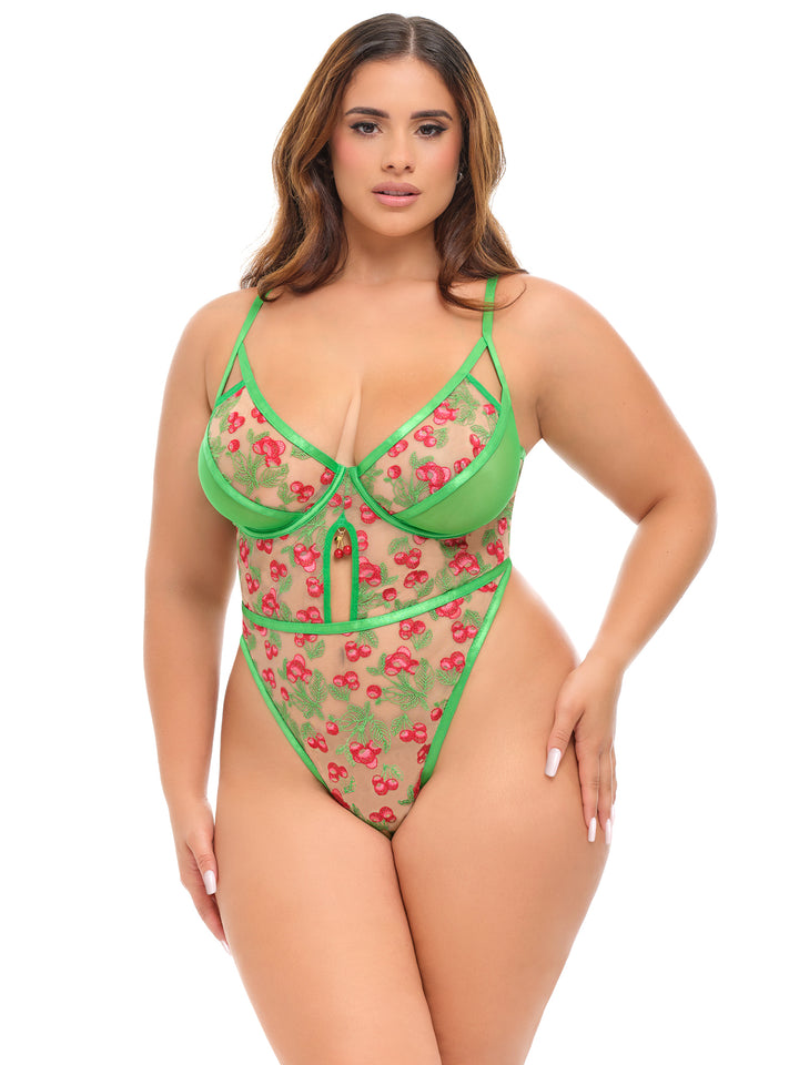 Cheri Embroidered Teddy by oh la la cheri featuring cherry embroidery and sheer mesh for a flirty lingerie look.