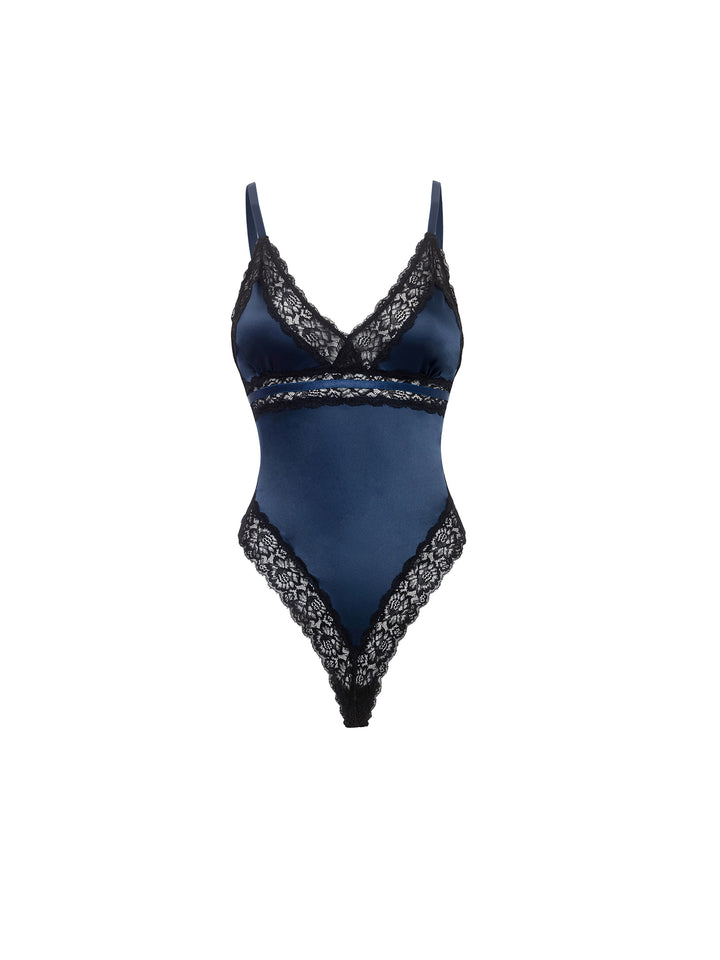 Iris Satin and Lace Teddy in navy blue featuring lace trim, adjustable straps, and G-string cut for a sultry look.