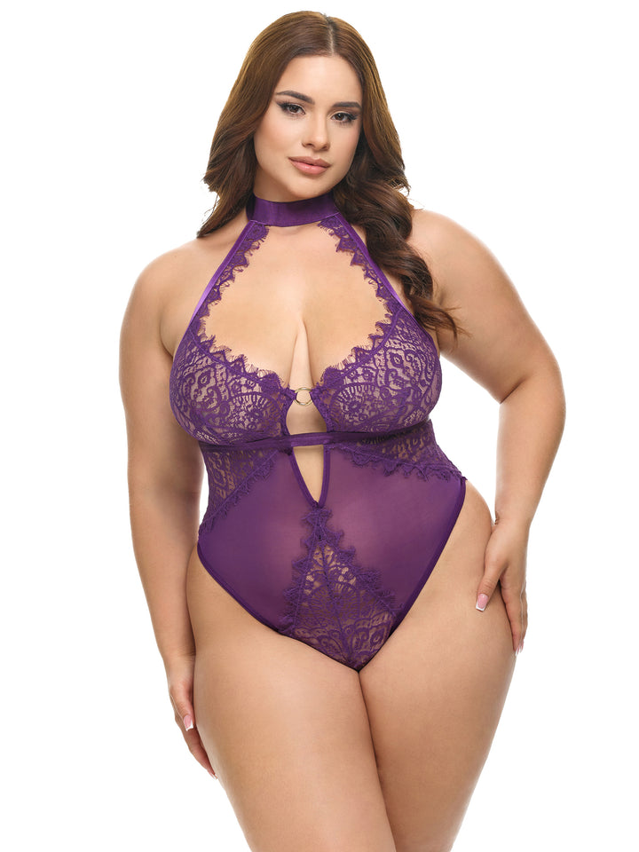 Plus Size Kennedy Sheer Lace Teddy by oh la la cheri in purple, featuring a high neckline and lace bodice for a sultry look.