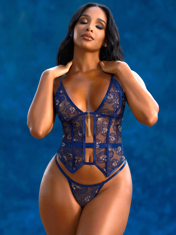 Bleu Floral Embroidered Bustier Set