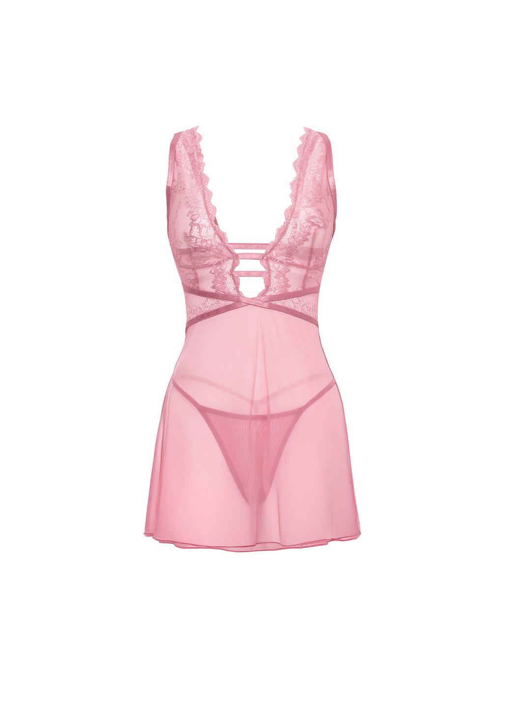 Jules Sheer Lace Babydoll by Oh La La Cheri in soft pink lace and mesh, featuring crossover elastic details.