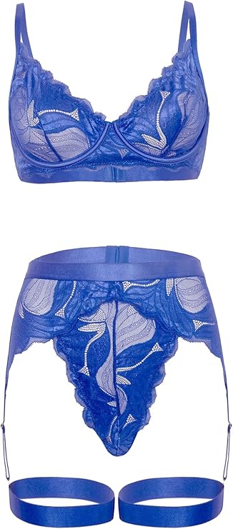 Delphi Lace Underwire Bra Set in blue with unlined lace cups, matching G-string panty, and attached garter belt for a sexy look.