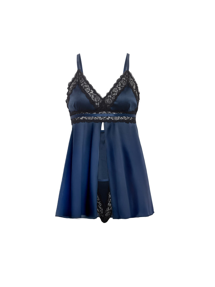 Iris Satin and Lace Babydoll Set featuring adjustable straps and matching G-string in navy blue.