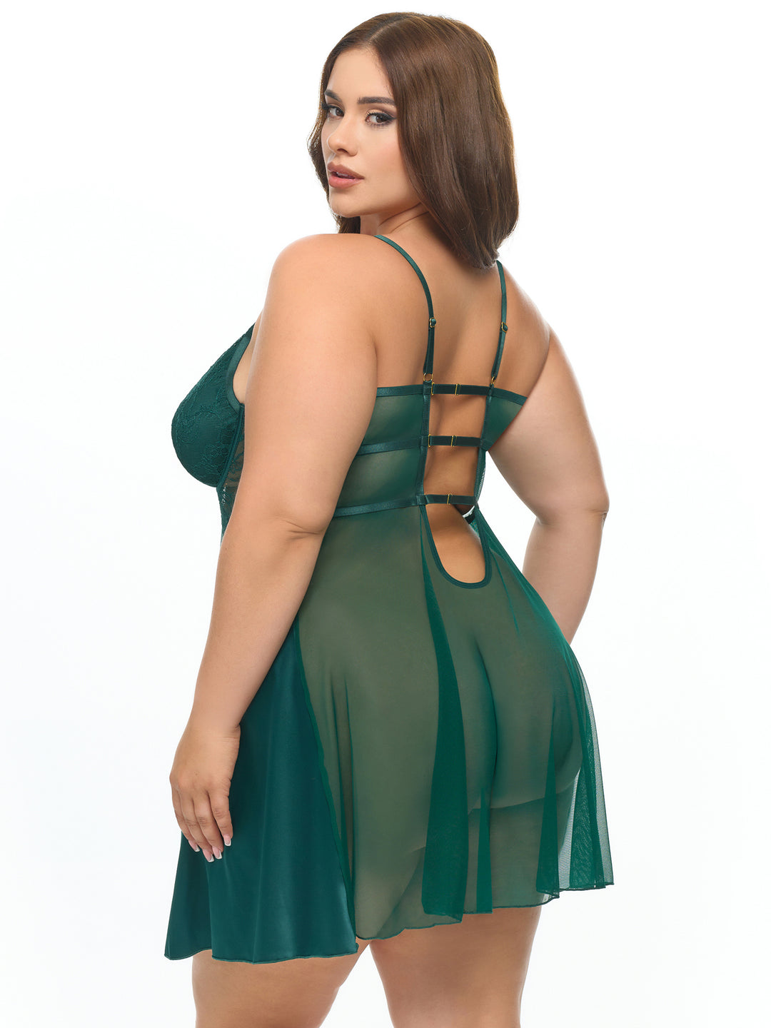 Dawn Satin Babydoll in deep green, featuring lace cups, adjustable straps, and sheer mesh back for a dramatic look.