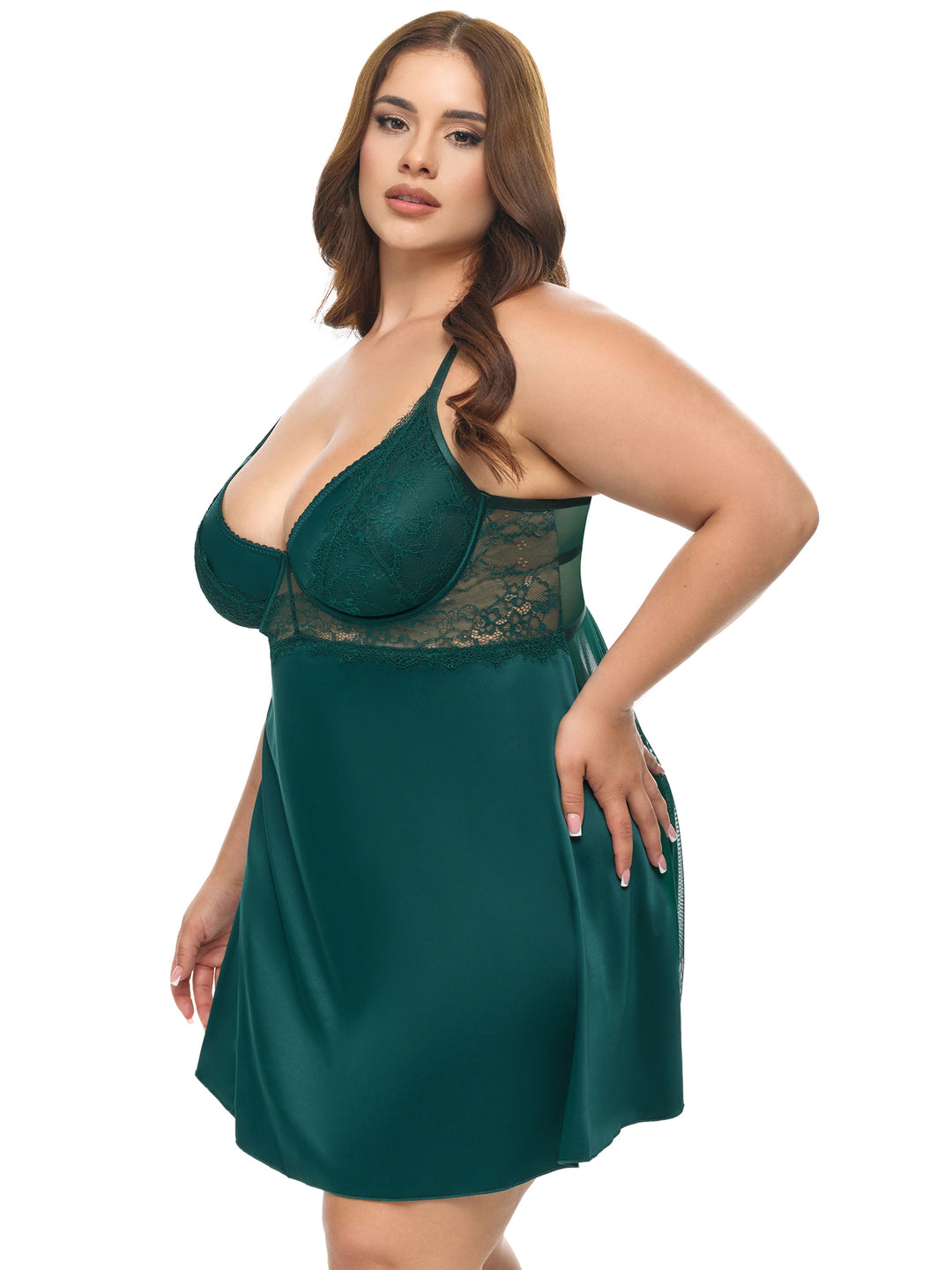 Dawn Satin Babydoll in dark green, featuring lace cups and a smooth satin skirt for an elegant look.