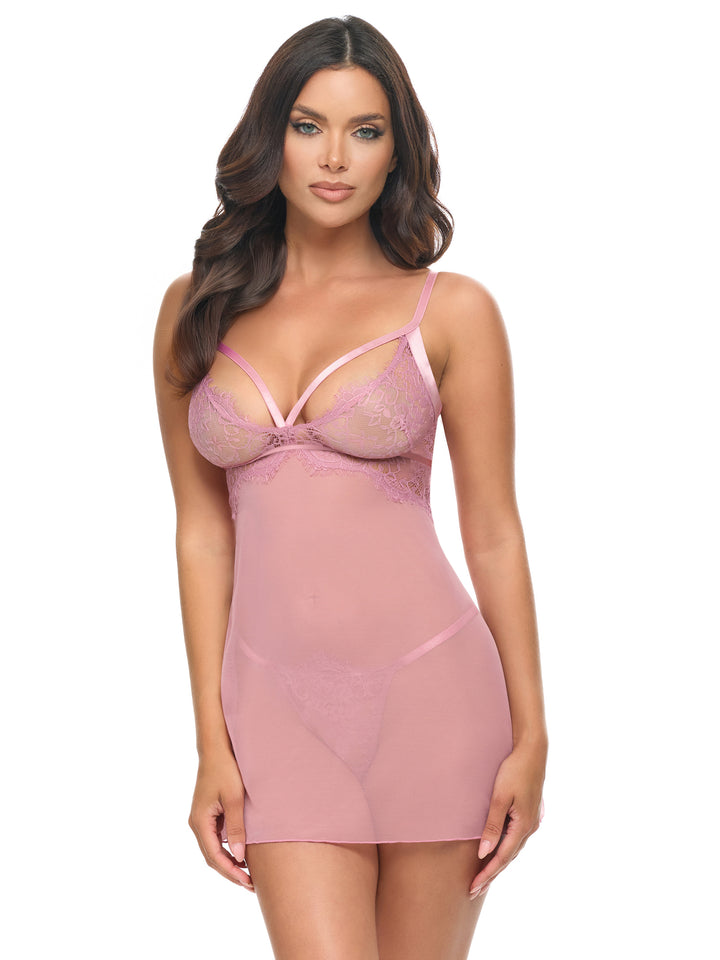 Flora Sheer Babydoll Set by Oh La La Cheri featuring lace details and a delicate mesh design.