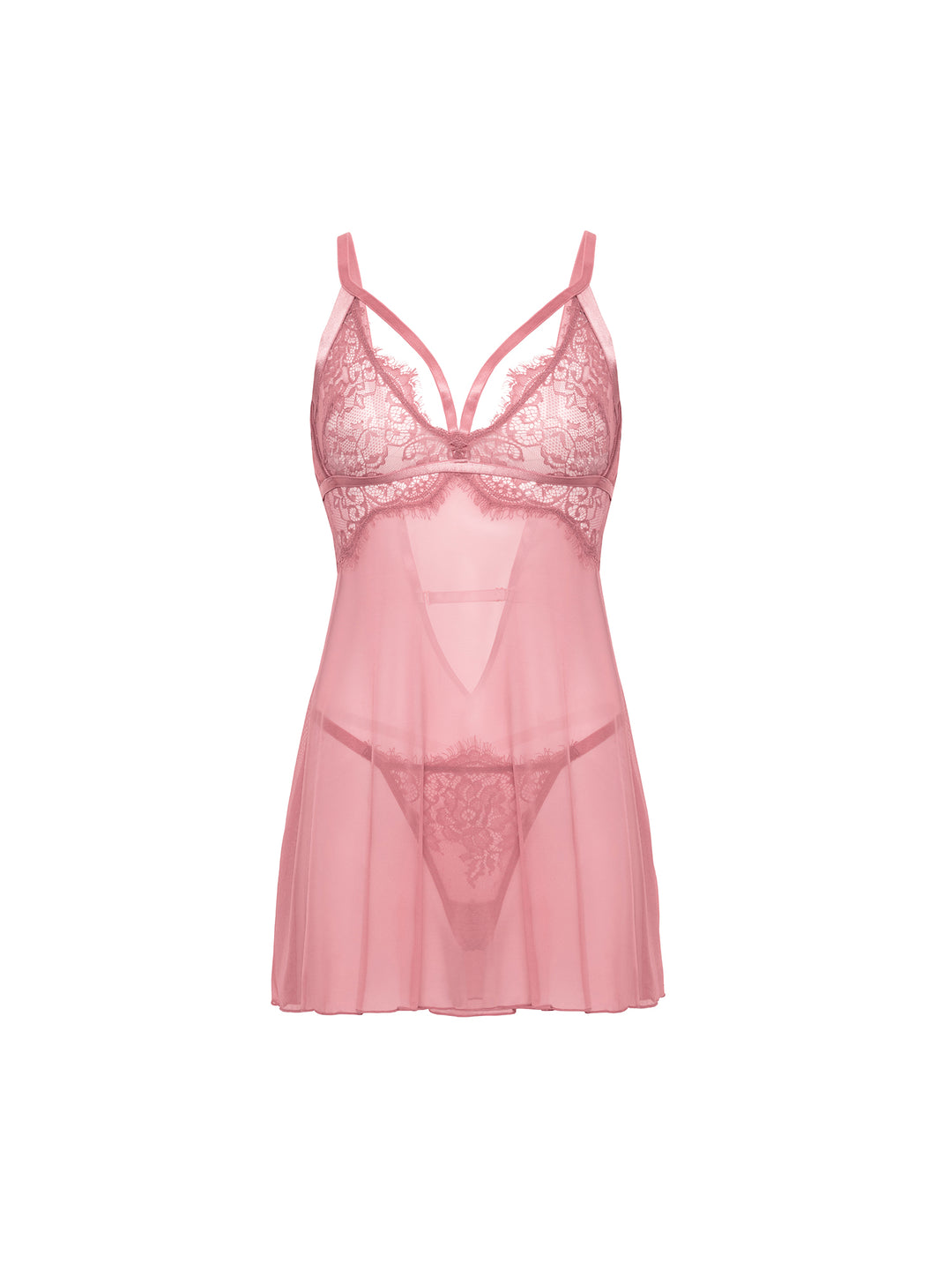 Flora Sheer Babydoll Set in pink from Oh La La Cheri, featuring lace cups and sheer mesh design.
