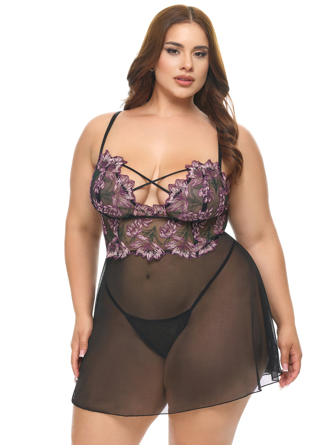 Plus Size Adela Floral Sheer Babydoll showcasing sheer floral embroidery with adjustable straps and flowing skirt, perfect for elegant lingerie.