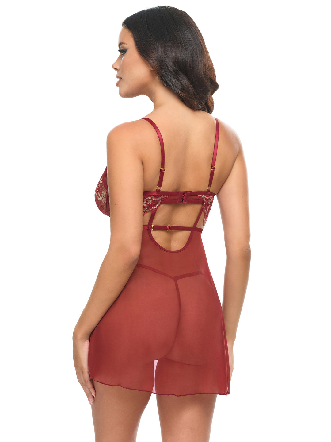 Arielle Lace and Mesh Babydoll Set in red, featuring unlined underwire cups and adjustable straps, showcasing a sultry design.