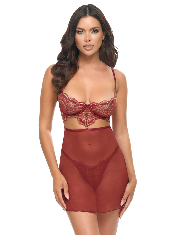 Arielle Lace and Mesh Babydoll Set in burgundy featuring unlined cups, cut-out design, and matching G-string.