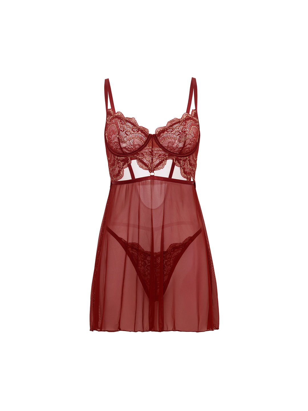Arielle Lace and Mesh Babydoll Set in deep red with cut-out design and matching G-string, showcasing elegant lace details.