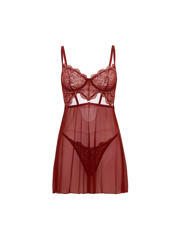 Arielle Lace and Mesh Babydoll Set in deep red with cut-out design and matching G-string, showcasing elegant lace details.