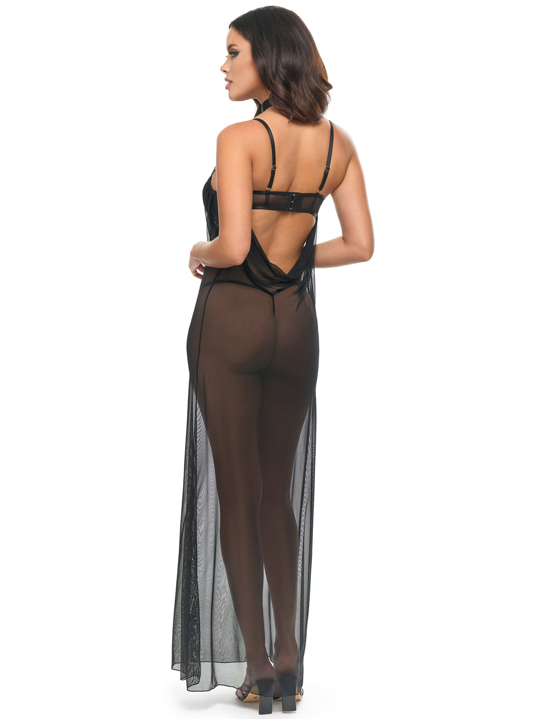 Woman wearing a red evening gown by Oh La La Cheri with a neck choker. Back view.