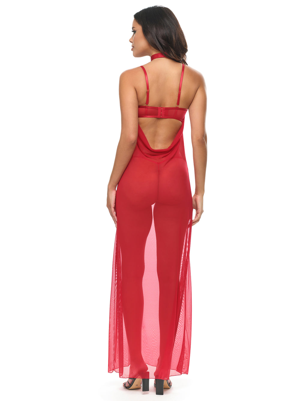 Woman wearing a red evening gown by Oh La La Cheri with a neck choker. Back view.