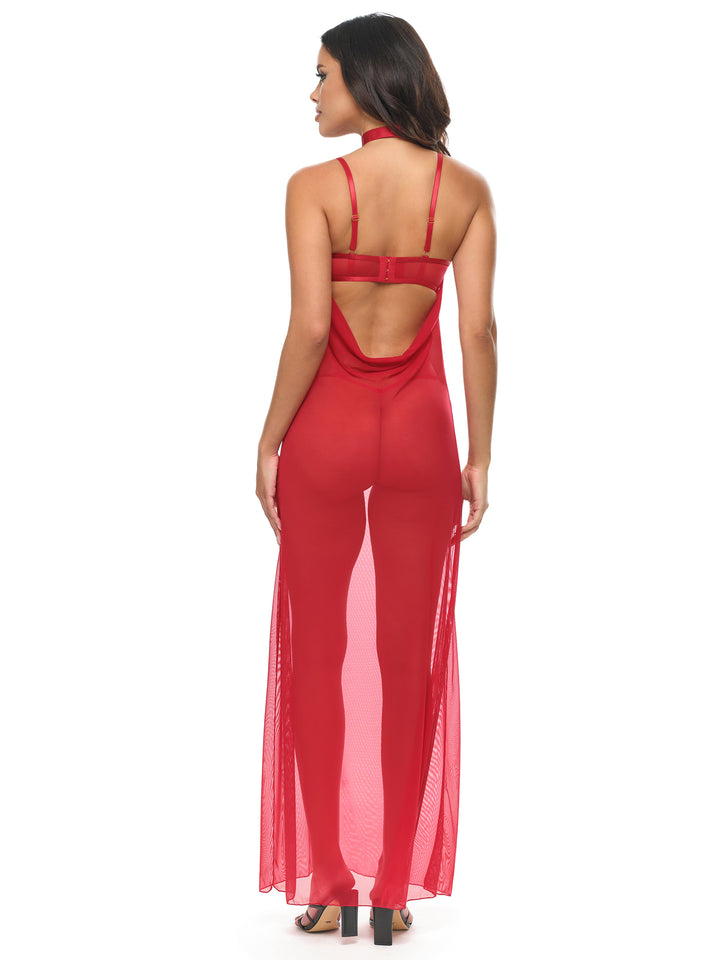 Woman wearing a red evening gown by Oh La La Cheri with a neck choker. Back view.