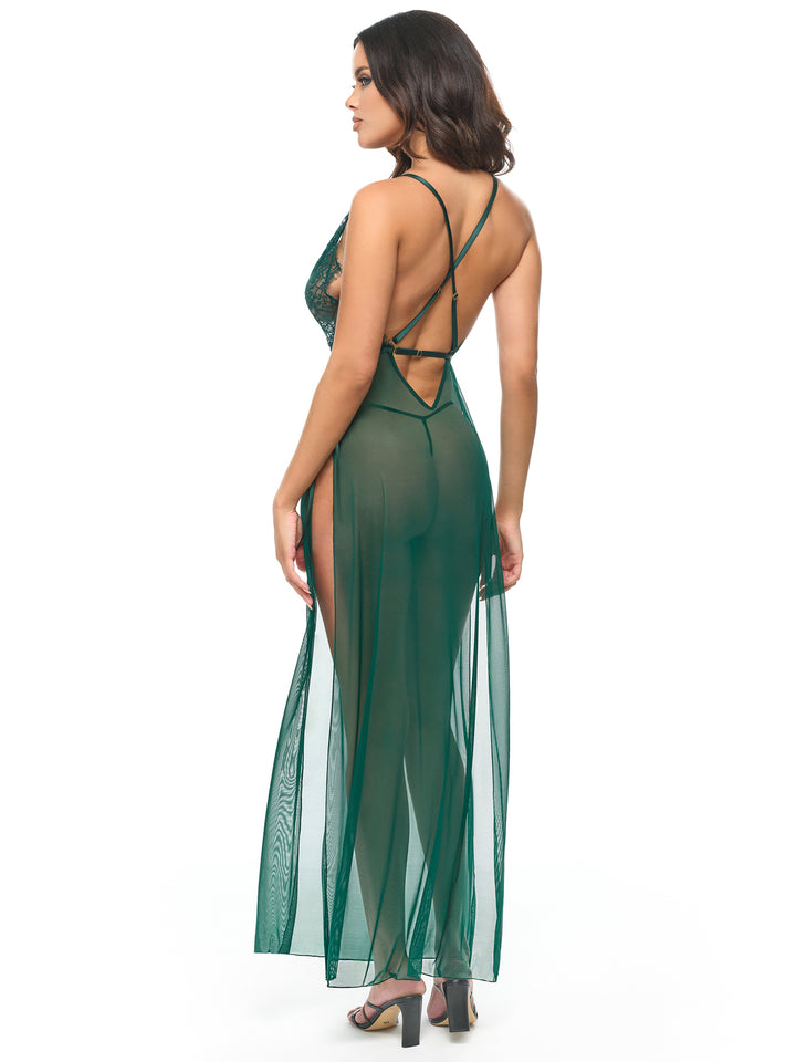 Cami Sheer Lace Lingerie Gown in green, featuring a V-plunge neckline and sexy side openings for a sultry look.