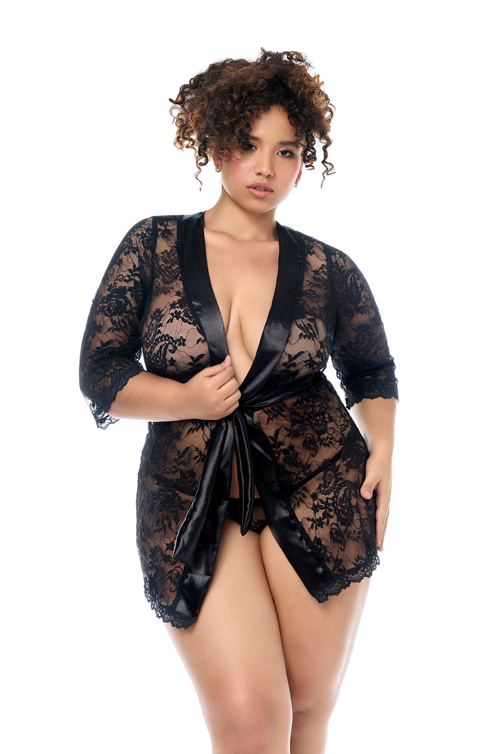 Plus size black lace robe on a plus size lingerie model