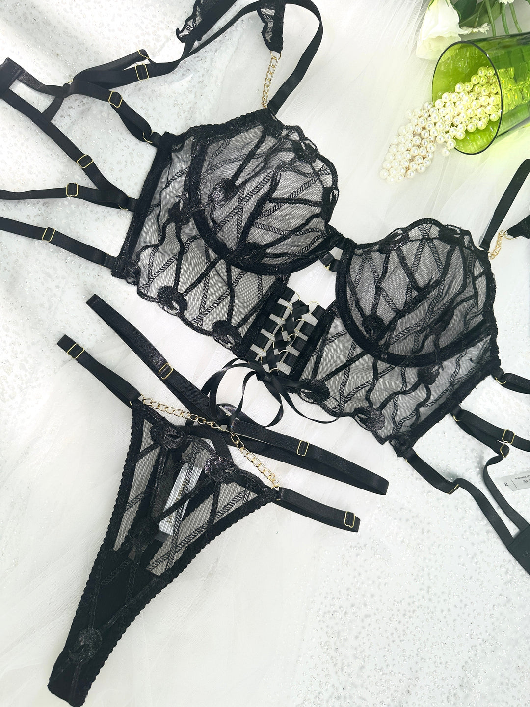 Adriana Noir Bustier and Thong Set