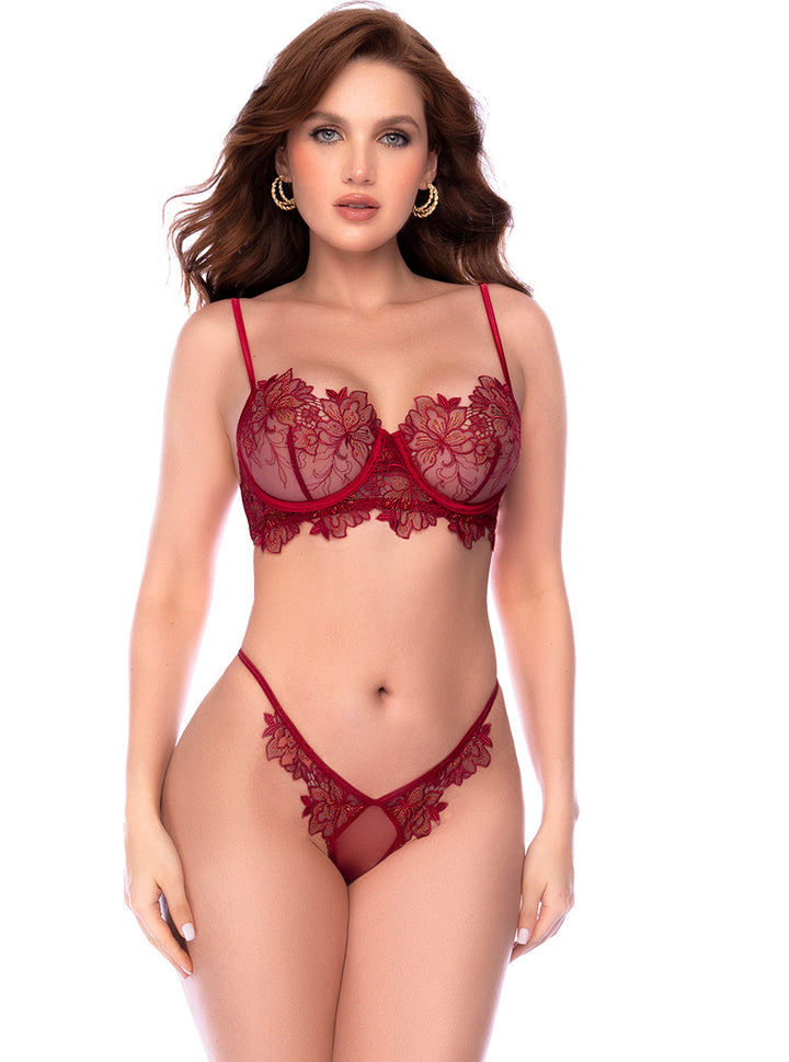 Amarone Unlined Balconette Bra and Thong Set in red lingerie with floral lace details for an elegant look.