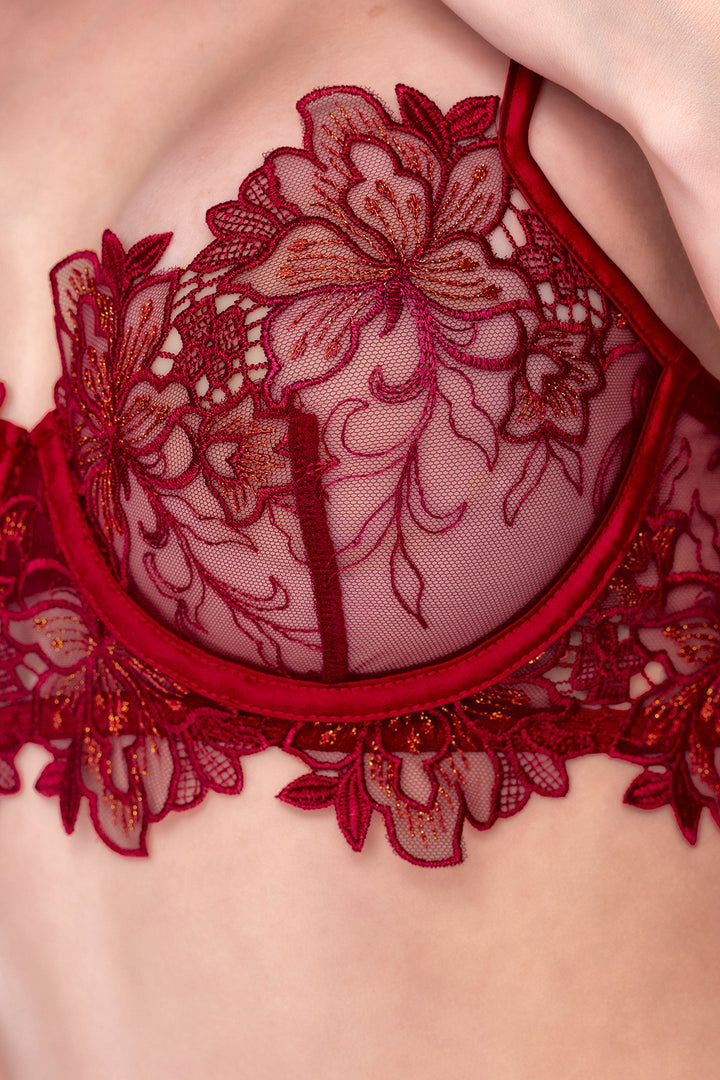 Amarone Unlined Balconette Bra and Thong Set featuring intricate floral lace embroidery in red lingerie.