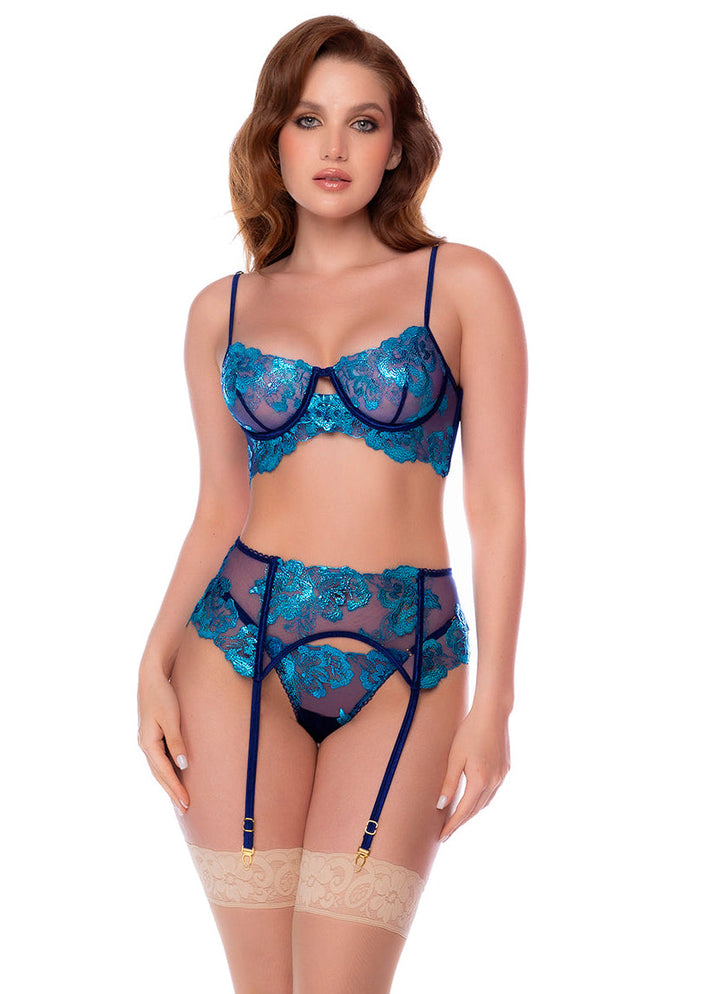 Azuli Embroidered 3pc Bra Set in blue featuring sheer embroidered cups, matching thong, and garter belt for a seductive look.