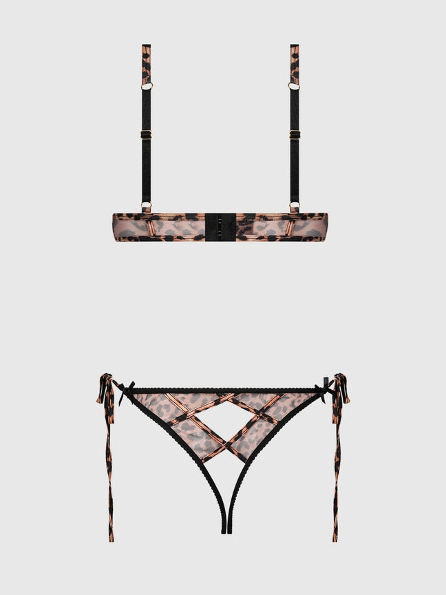 Alia Leopard Mesh Crotchless Teddy featuring sheer leopard print fabric and criss-cross ribbon details.