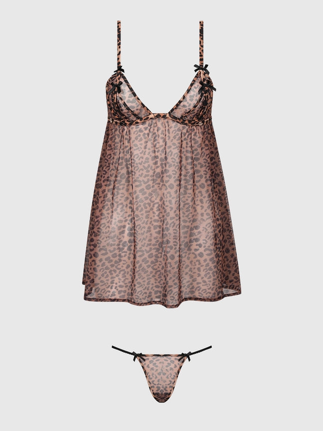 Alia Leopard Mesh Underwire Babydoll & G-String Set featuring sheer leopard print mesh and supportive bra cups.